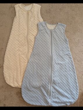 Set of 2 Warm Baby Sleep Sacks - Cream & Light Blue, Size Medium (10-24 Months)